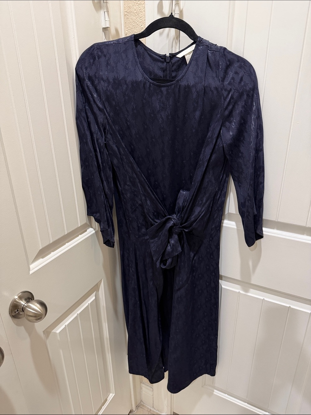 H&M Navy Jacquard Tie-Front Midi Dress